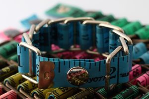 Blue measuring tape bracelet upcycled reclaimed repurposed intertwined metal chains