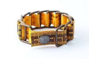 yellow measuring tape bracelet upcycled reclaimed repurposed intertwined metal chains